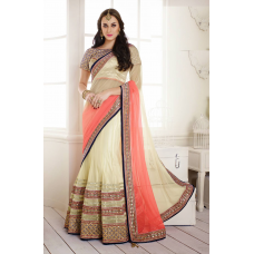 Stunning Cream Colored Embroidered Net Satin Lehenga Saree